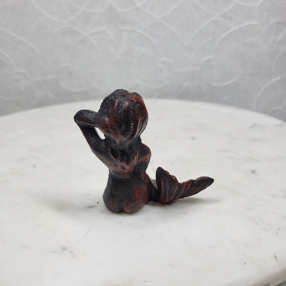 Vintage Heavy Cast Iron Mermaid Figurine 2.5" Nautical Coastal Decor Whimsigoth - Picture 5 of 10